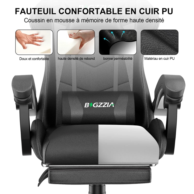 Sedia da gioco, sedia da gioco ergonomica  in similpelle, altezza regolabile, con poggiatesta e supporto lombare, poggiapiedi, nera