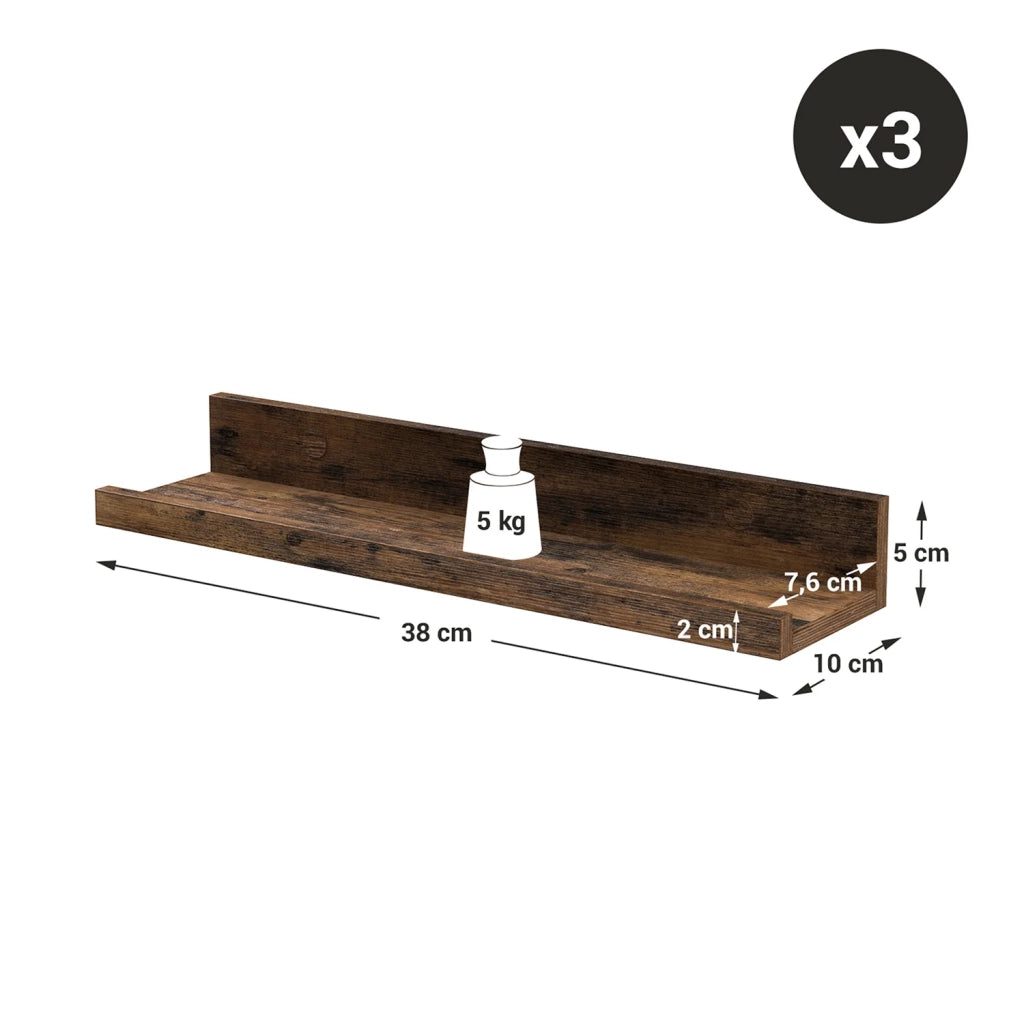 Mensole da parete set di 3 mensole sospese mensole sospese lunghe 38 cm con bordi alti per cornici decorazioni spezie per cucina soggiorno marrone rustico 12_0005833