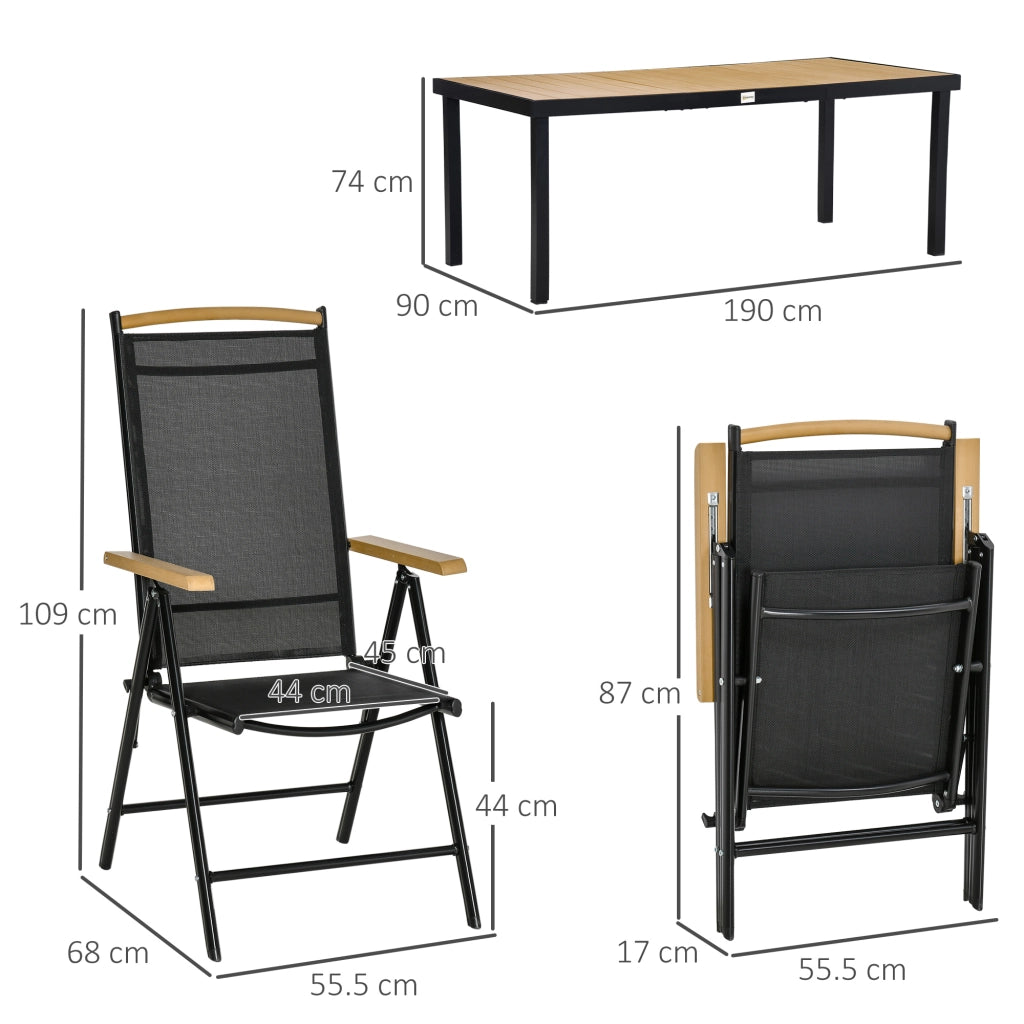 Easycomfort Set 7Pz Tavolo con Sedie da Giardino Pieghevoli e Regolabili in Texteline, Nero