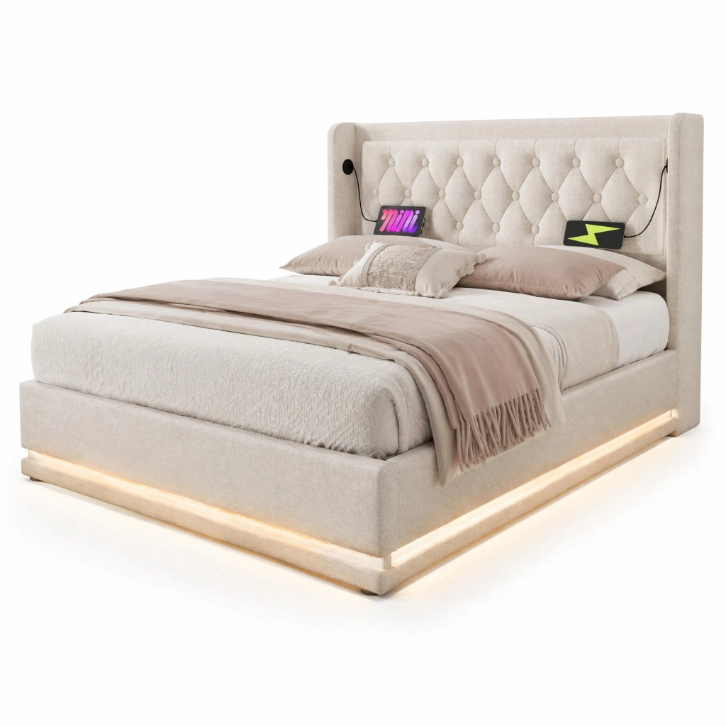 Letto matrimoniale imbottito 160x200 cm in cotone beige con contenitore; USB Type-C e LED