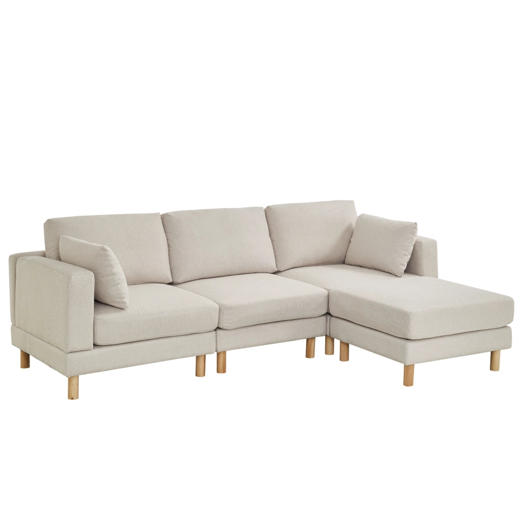 Divano Angolare 3 Posti con Poggiapiedi ¨C MINIMAL ¨C Beige, Tessuto Poliestere, Gambe Massello, 235x152x78 cm