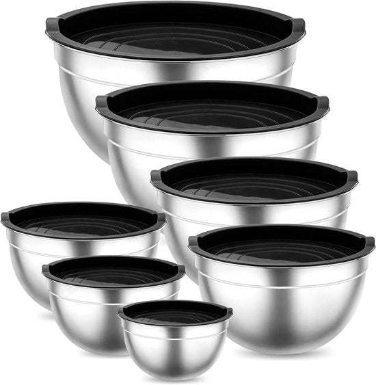 Set di contenitori in acciaio inossidabile con coperchio a tenuta d'aria - idoneo per lavastoviglie - 7 pezzi - 6,5 l, 4,5 l, 3 l, 2,5 l, 1,5 l, 1,2 l, 0,7 l - nero.