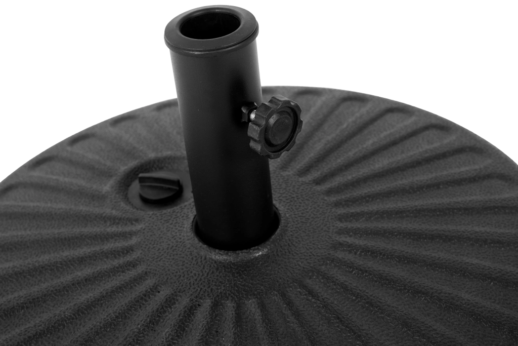 Base per ombrellone rotonda in plastica nera con tubo in acciaio zincato per giardino e terrazza