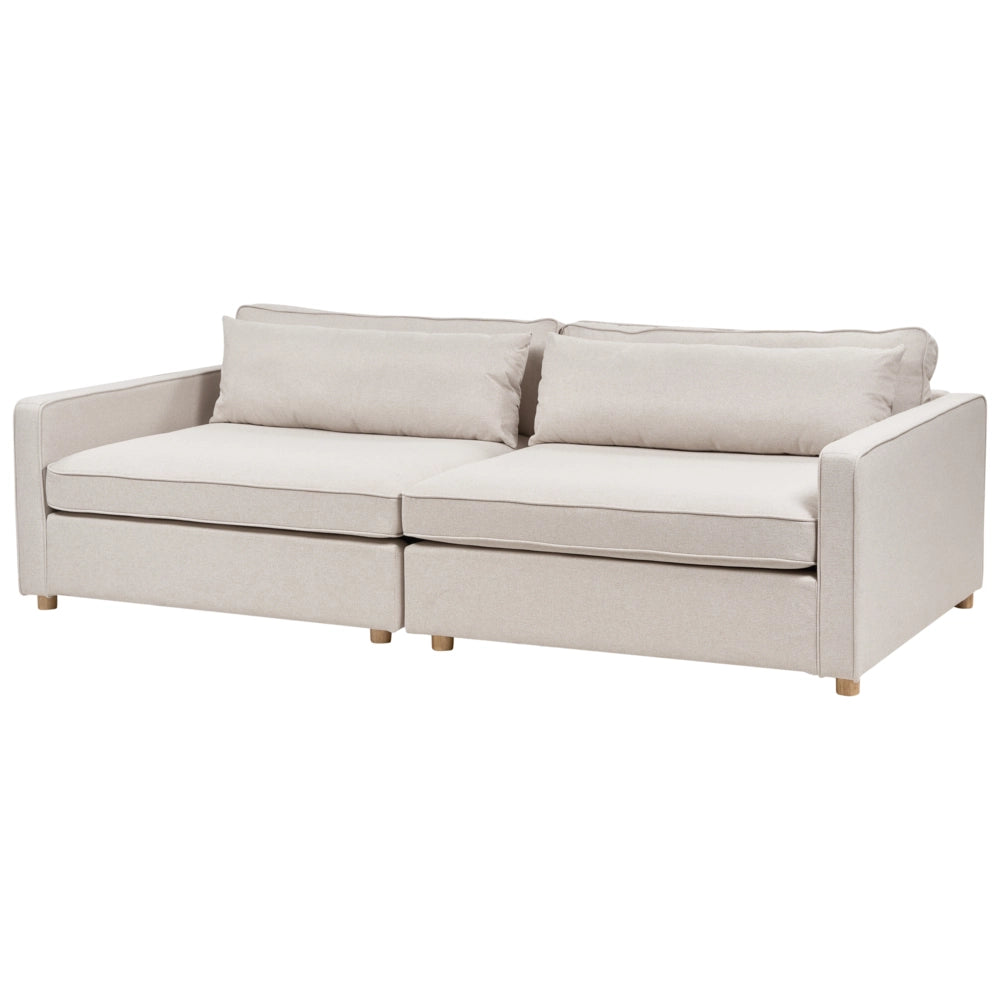 Divano in tessuto beige 3 posti con braccioli e gambe in legno stile moderno