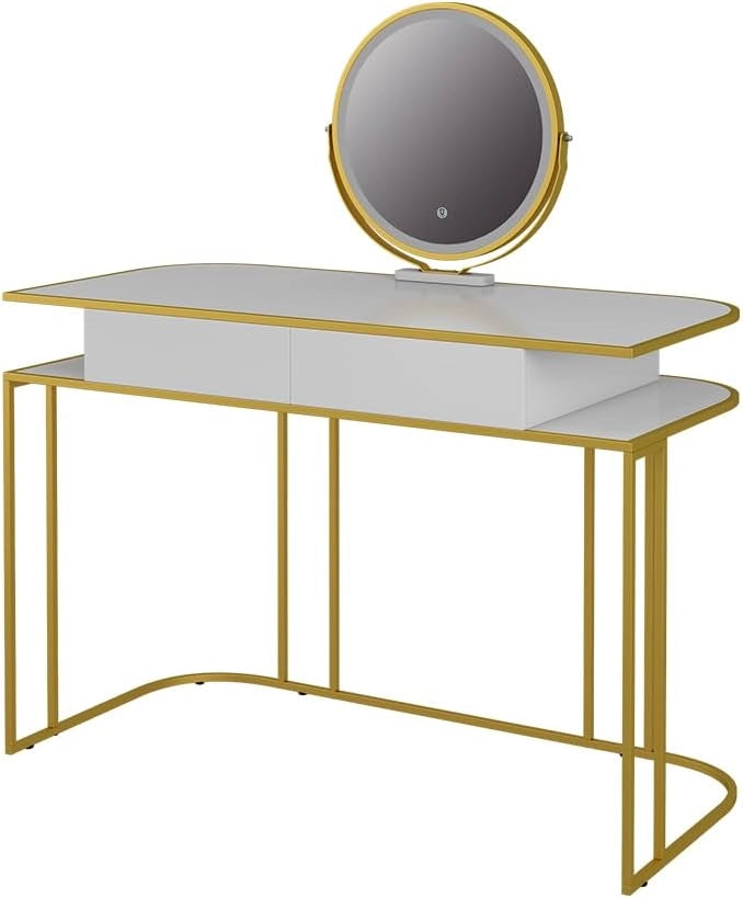 Tavolo da toilette Tiara, Bianco/Oro, 110 cm, con illuminazione LED e specchio regolabile in altezza