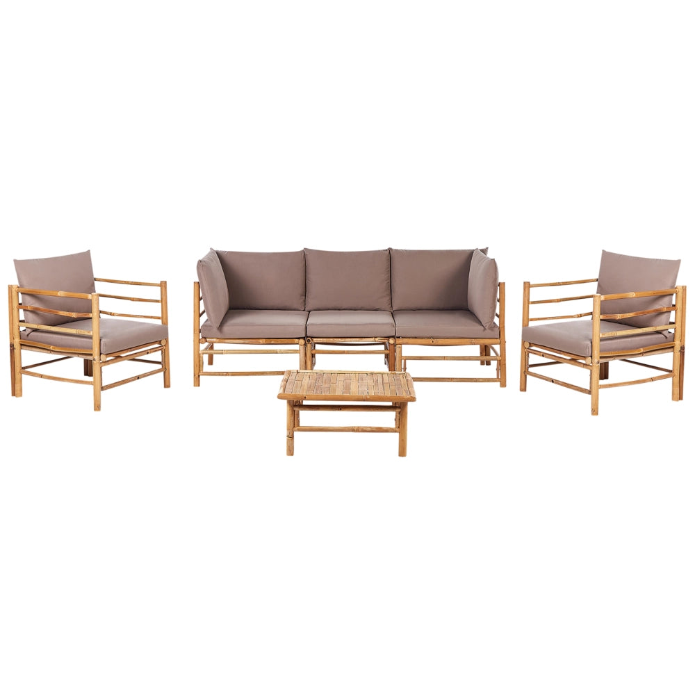 Set da giardino modulare con divano a 3 post 2 poltrone e tavolino in bambù naturale con cuscini tortora esterno elegante