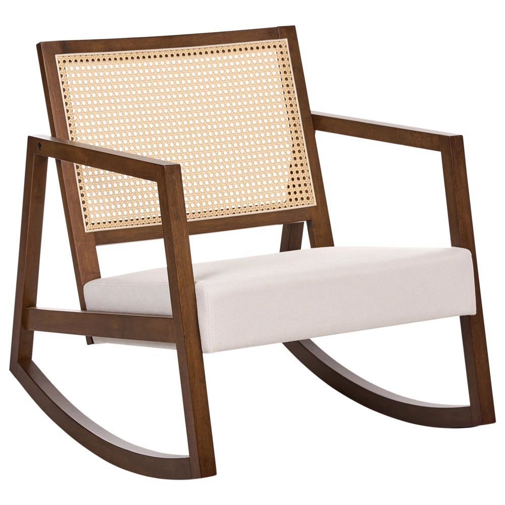 Poltrona a dondolo con rivestimento in tessuto beige chiaro e legno marroneschienale intrecciato struttura in legno per salotto e camera da letto