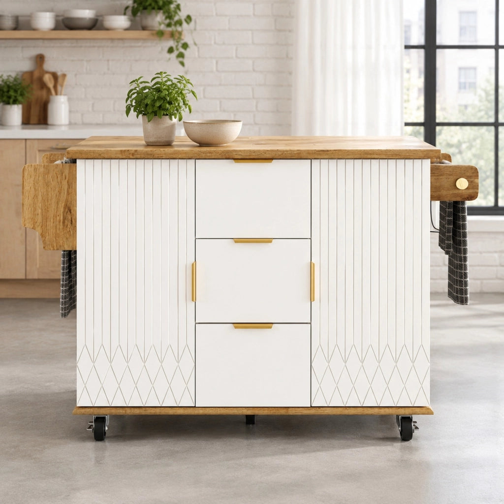 Set carrello da cucina mobile con 2 sgabelli da bar piano pieghevole presa integrata bianco effetto legno