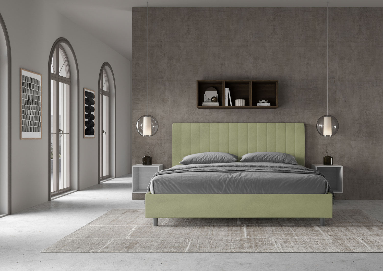 Letto Matrimoniale King Size 200x210 cm con Rete e Contenitore Imbottito in Microfibra Agueda Tè Verde