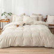 Set di coperte da letto Boho con decorazione a maglia Shabby Chic, 1 x coperta da letto 200 x 220 cm con 2 x cuscini 80 x 80 cm e chiusura a raccordo, set di coperte da letto moderno 100% microfibra - beige