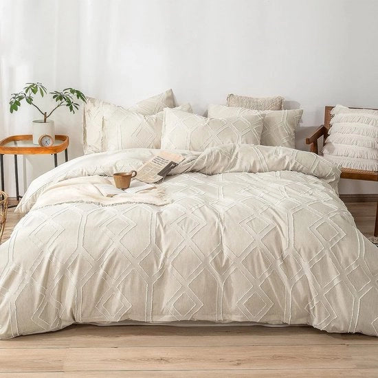 Set di coperte da letto Boho con decorazione a maglia Shabby Chic, 1 x coperta da letto 200 x 220 cm con 2 x cuscini 80 x 80 cm e chiusura a raccordo, set di coperte da letto moderno 100% microfibra - beige