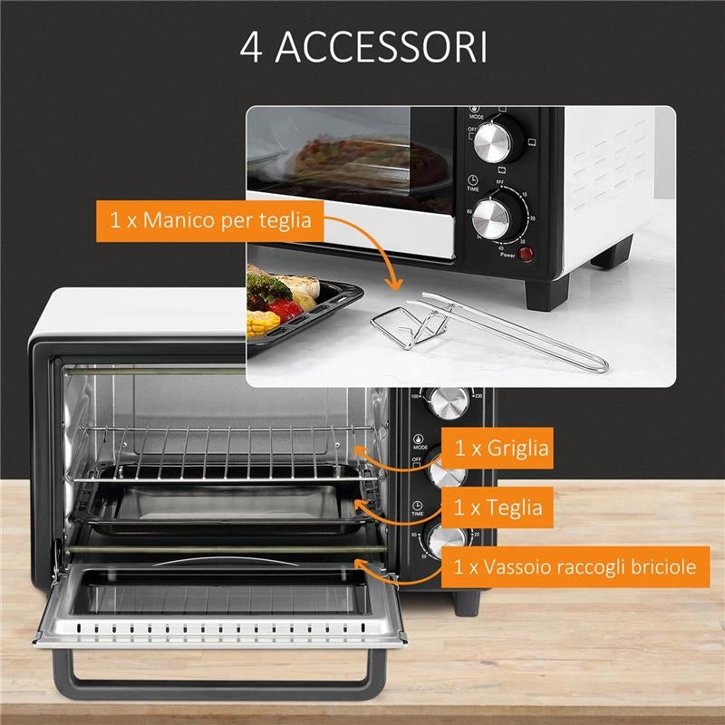 FORNETTO ELETTRICO 16L TEMPERATURA REGOLABILE E TIMER 3 METODI DI COTTURA E ACCESSORI 1400W 44X32X28 CM BIANCO