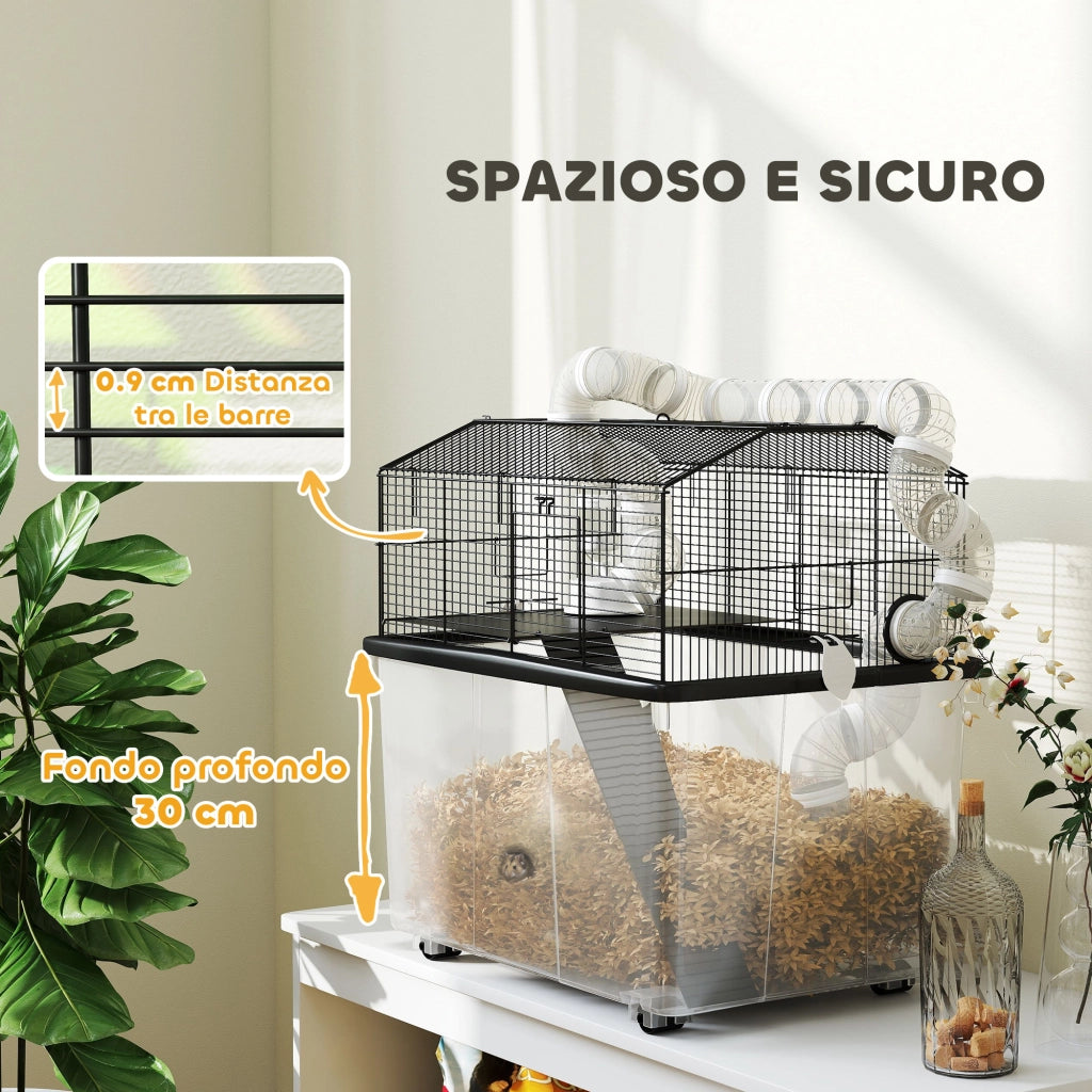 Gabbia per Criceti a 2 Piani con Ruote, Tubi, Ciotola, Bottiglia e Rampa, 58x43x57 cm, Nero