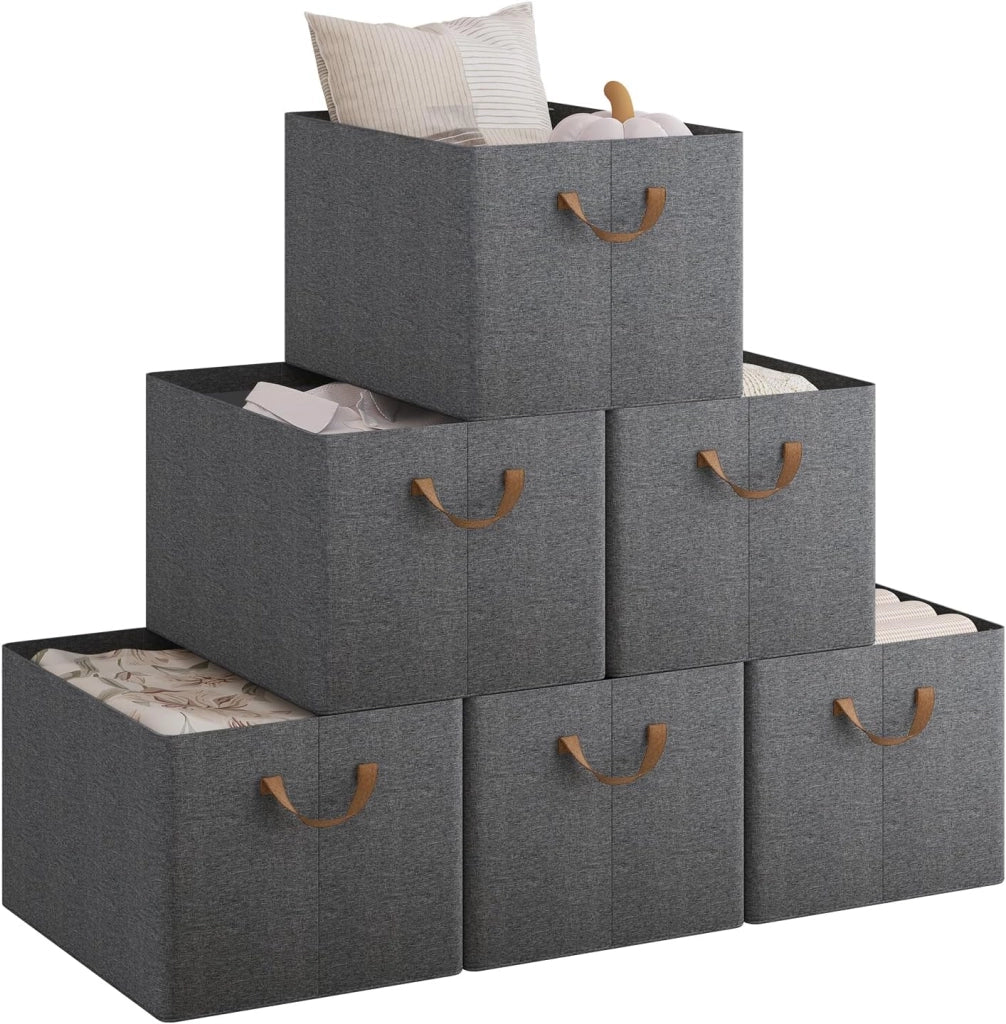 Set di 6 Scatole Portaoggetti Pieghevoli, Contenitori in Tessuto con Manici, per Vestiti e Giocattoli, Grigio, 47x35x30cm