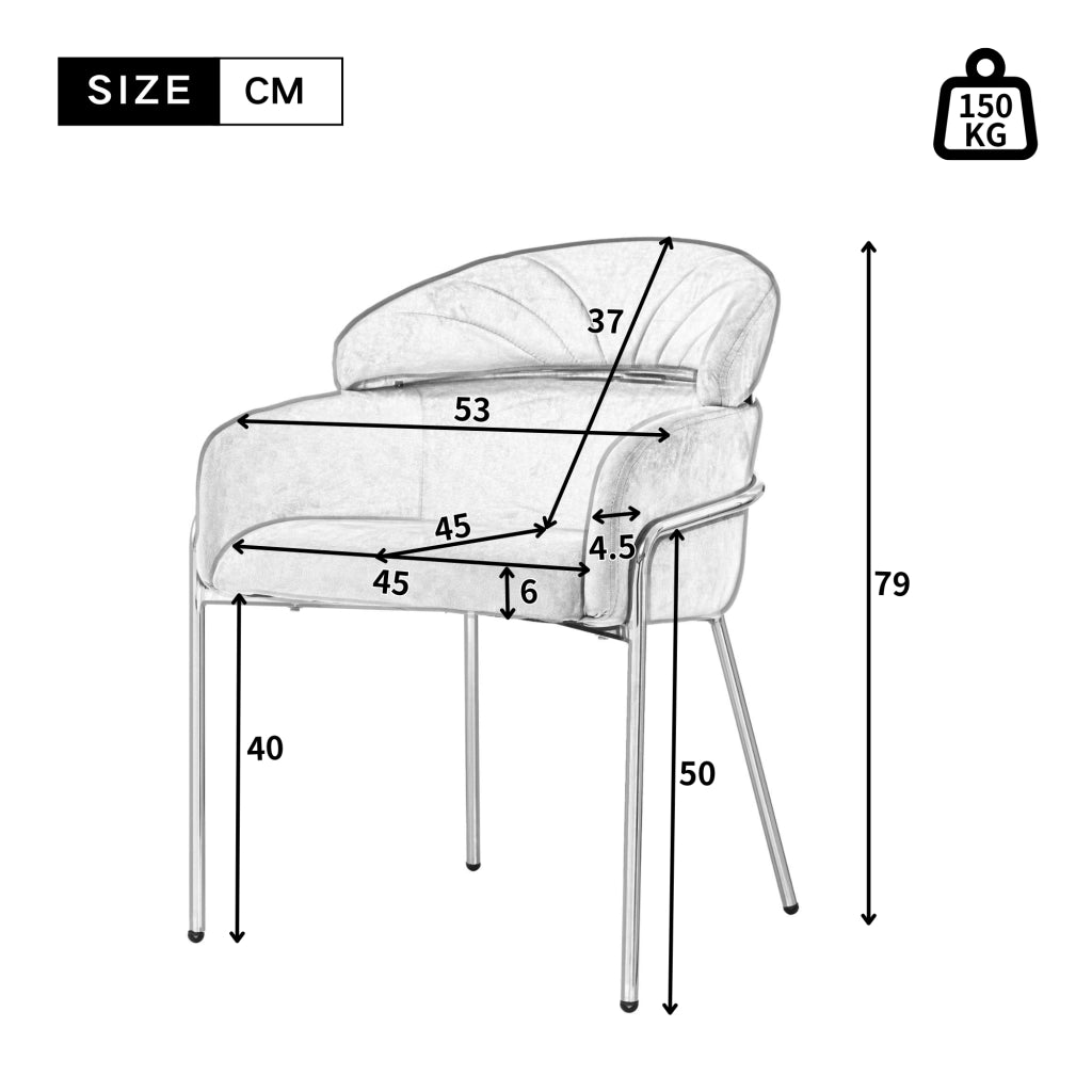 Chaise de salle à manger in velluto con quattro gambe in metallo, seduta ergonomica, grigio, 59.69 × 59.69 × 55.88 cm
