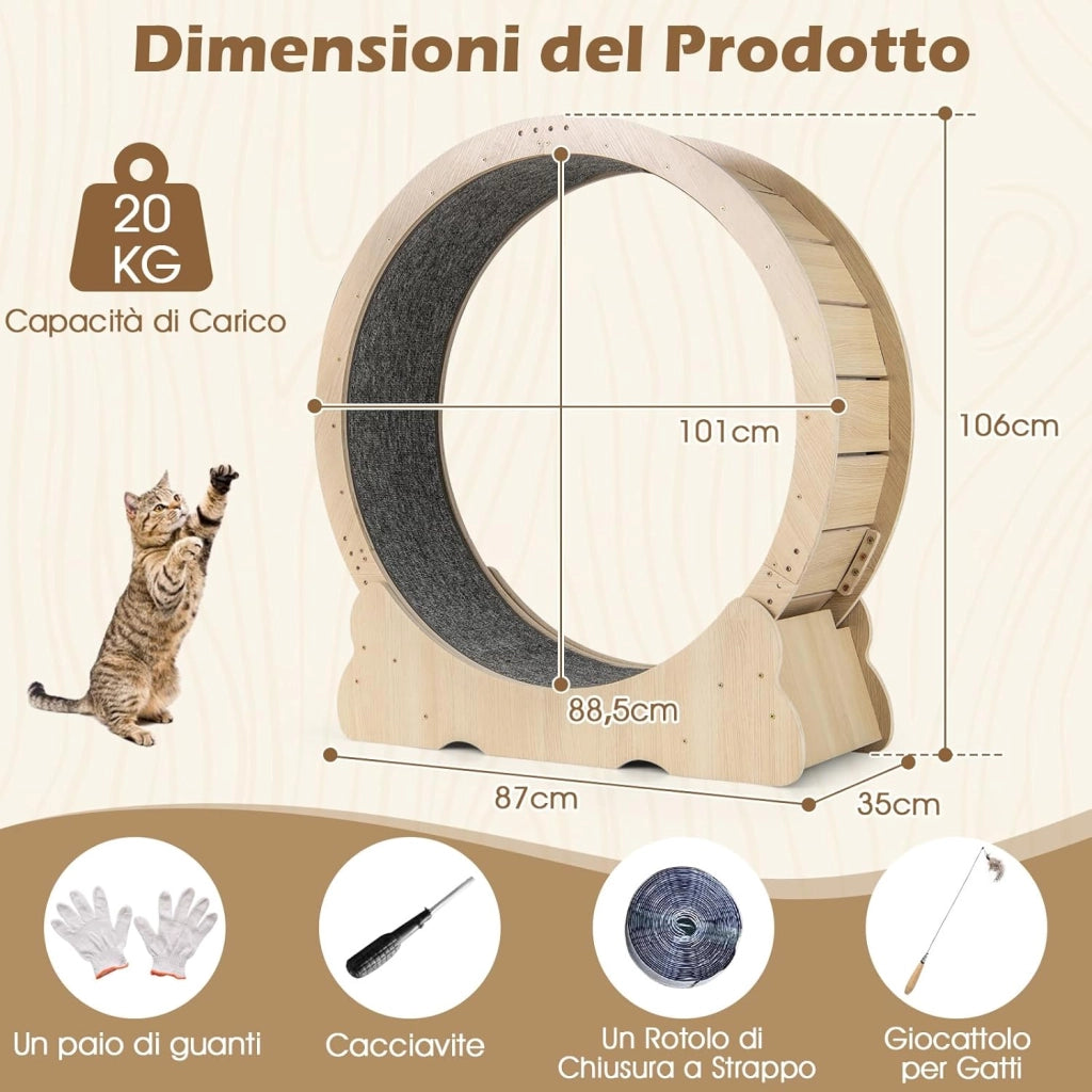 Ruota per Esercizio per Gatti da Interno 101 cm, Tapis Roulant per Gatti con Meccanismo di Blocco, Corsa con Moquette Rimovibile, Ruota di Allenamento in Legno a Rumore Ultra Basso