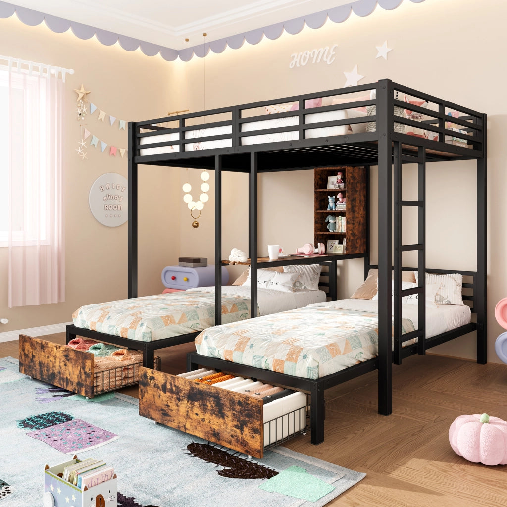 Letto a Castello 140×200 cm e 90×200 cm; 3 Posti con 2 Cassetti; Vani e Scaffali; senza Materasso; Nero