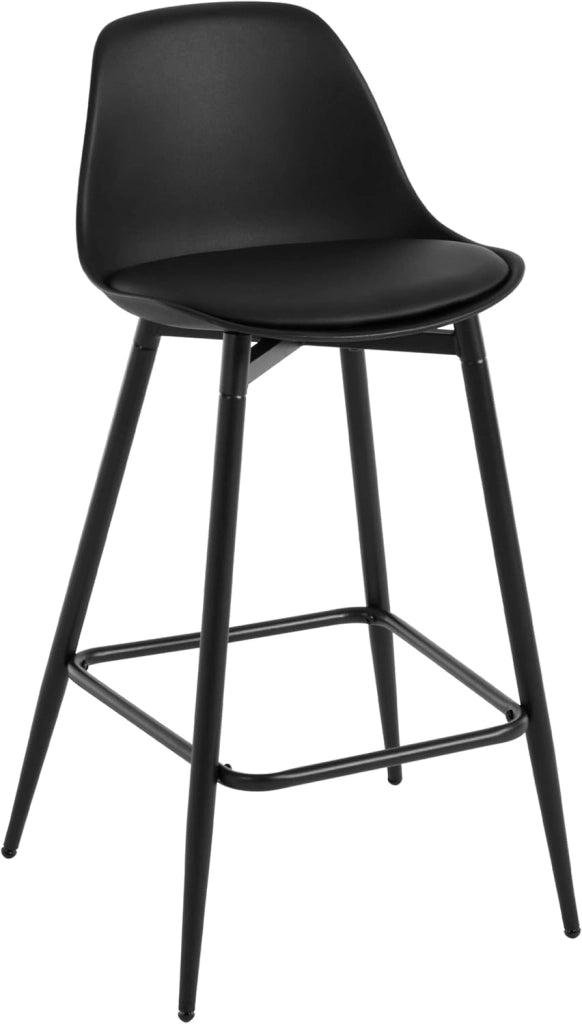 Sgabello cucina, Sgabello da Bar, Sgabello da Bar per Colazione con Schienale, con Sedile in PP Imbottito e Struttura in Metallo con Poggiapiedi, Nero, K0001BH-1