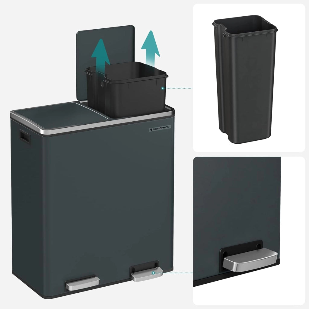 Pattumiera a 2 Scomparti, con 2 x 30L Secchi Interni per Spazzatura Differenziata, 15 Sacchi della Spazzatura, Pedali e Coperchi a Cerniera, Chiusura Morbida, Grigio Verdastro LTB60GS