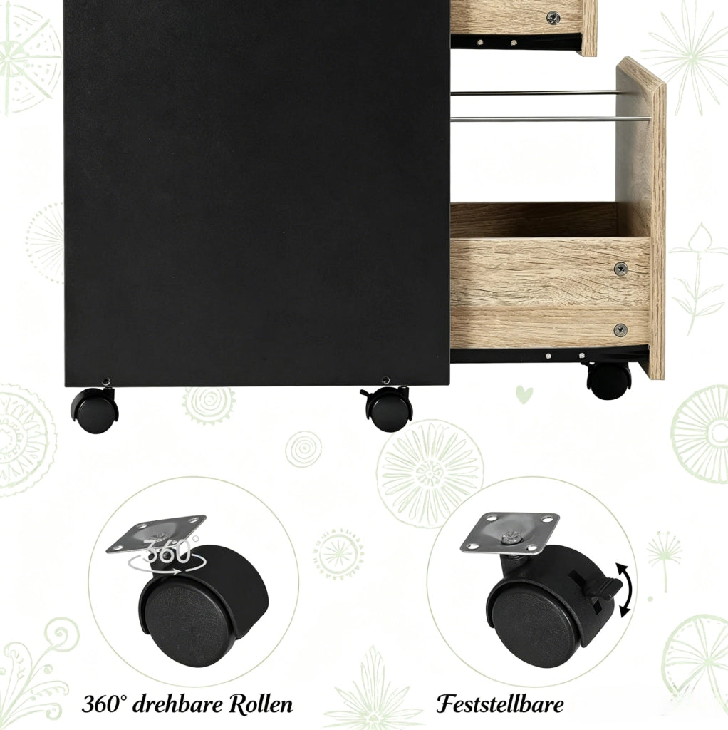 Cassettiera da ufficio mobile con 3 cassetti e ruote, 40x70x40 cm, nero e rovere chiaro