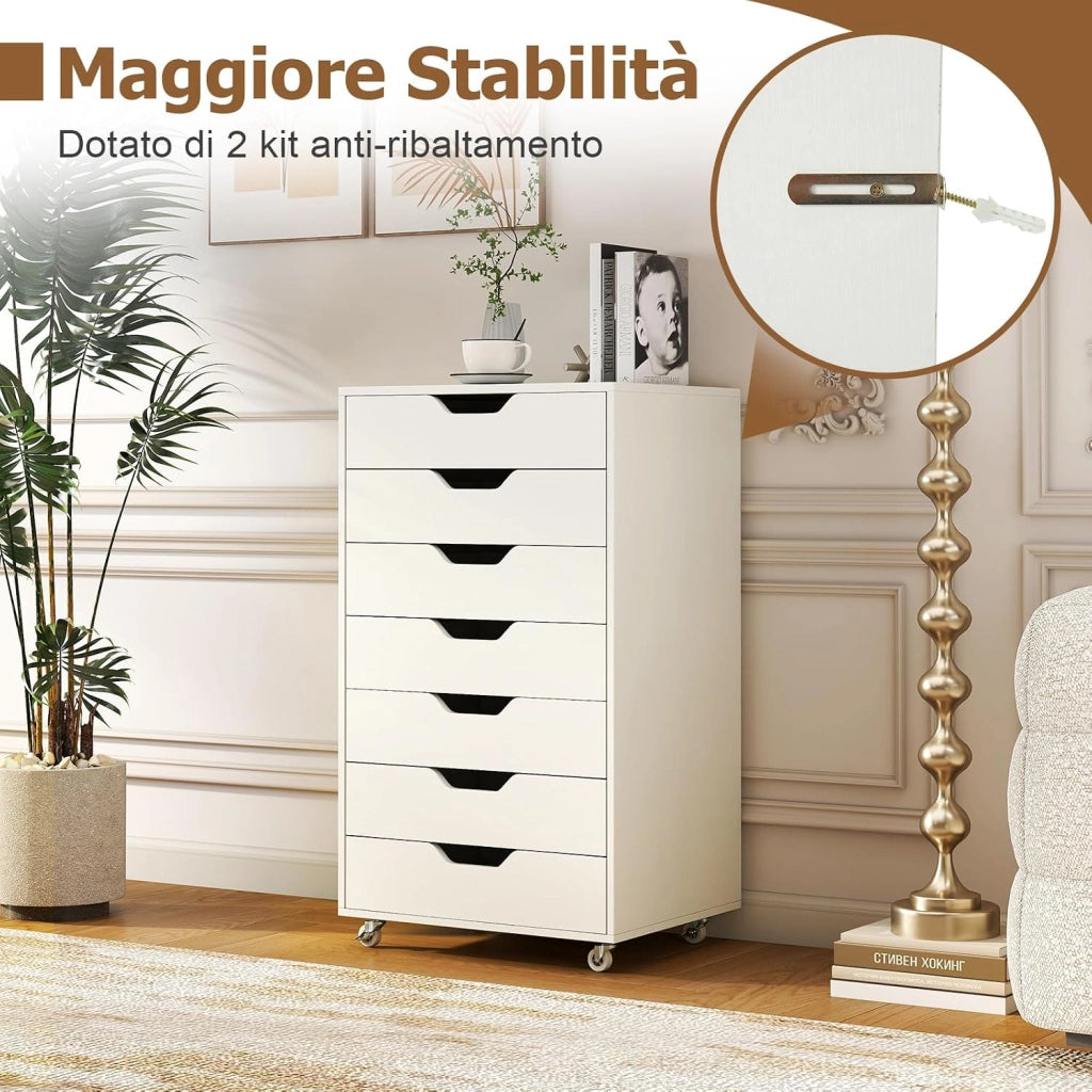 Cassettiera da Ufficio con 7 Cassetti, Mobiletto per Documenti con 4 Ruote Girevoli, Cassettiera da Scrivania in Legno per Ufficio e Soggiorno, 49 x 40 x 87 cm (Bianco Noce)