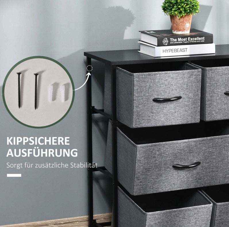 Kommode mit 8 Stoffschubladen und Metallgestell, 100x30x78,5 cm, Dunkelgrau