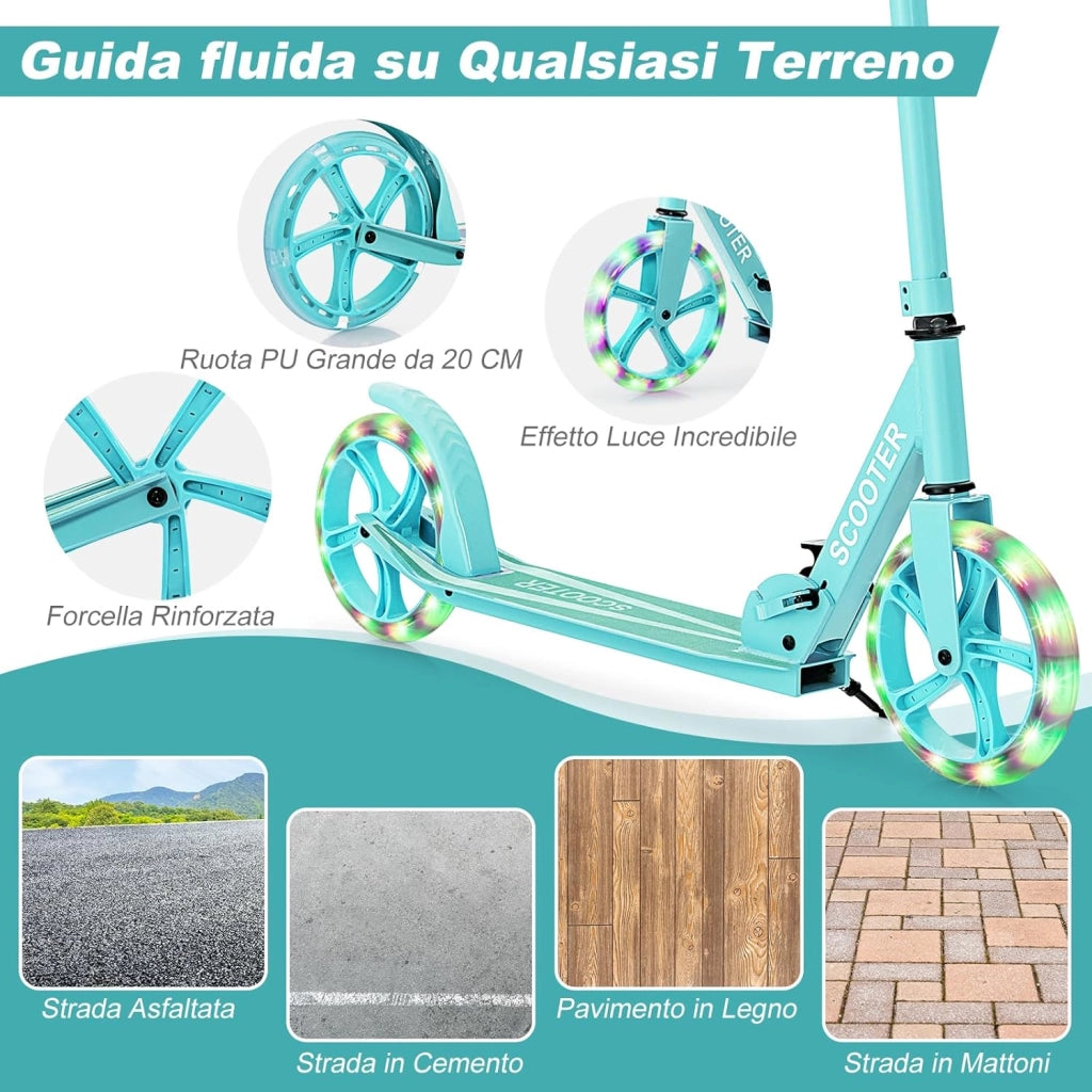 Monopattino Pieghevole con Altezza Regolabile, 2 Ruote Luminose con Freno, Manubrio Regolabile, Pedana Antiscivolo, Tracolla e Cavalletto, Scooter Portata 100kg, 10+ Anni
