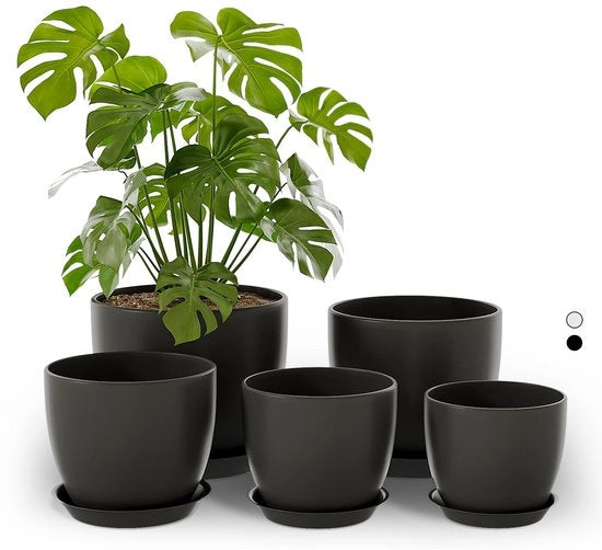 Set di vasi per piante 5 pezzi - Vaso per piante nero con ciotola - Vasi per la coltivazione - Vasi per piante per interni - Sostenibile - Facile da mantenere