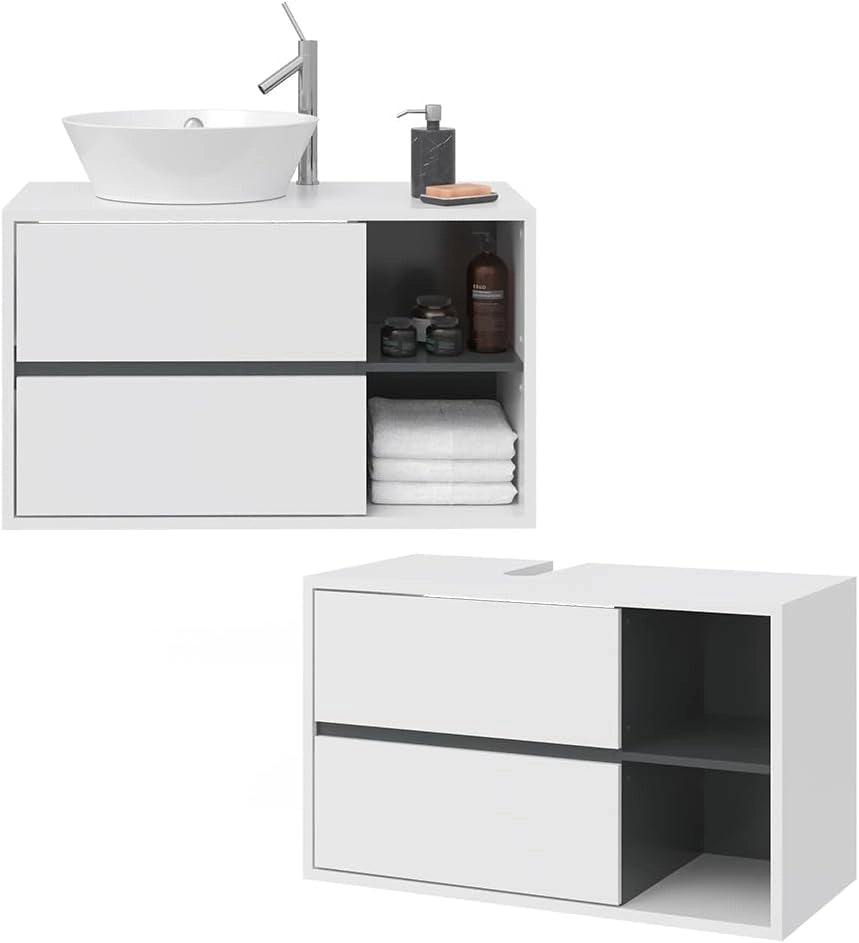 Mobile sottolavabo per bagno Viola, Bianco, 100 x 60 cm, con intaglio per sifone e ripiani aperti per montaggio a parete