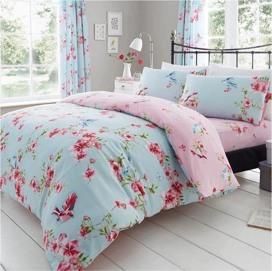 Set di letto Luxe BIRDIE BLOSSOM con copriletto e cuscini, poliestere-lino, blu, King (230 x 220cm)