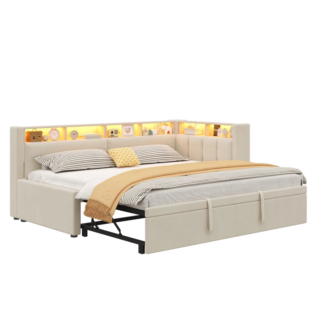 Letto singolo estraibile 90x200 cm in lino e MDF; beige; con LED e testiera contenitore