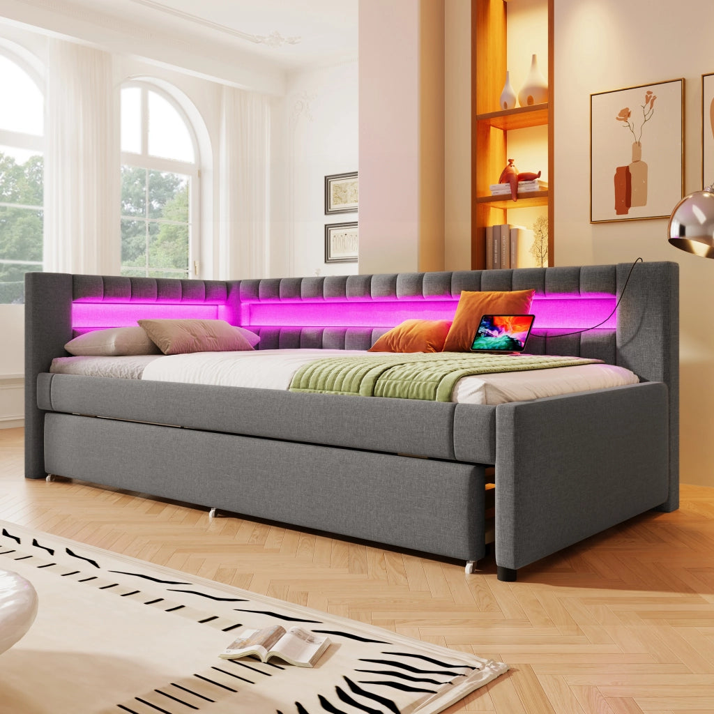 Divano letto pieghevole con LED e USB 90x200 cm colore grigio lino