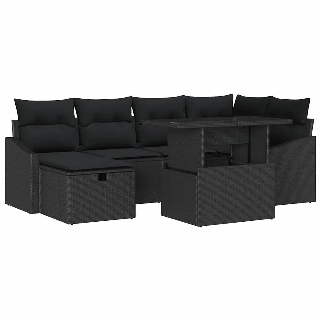 Set Divano da Giardino con cuscino 7 pcs Nero Poly Rattan