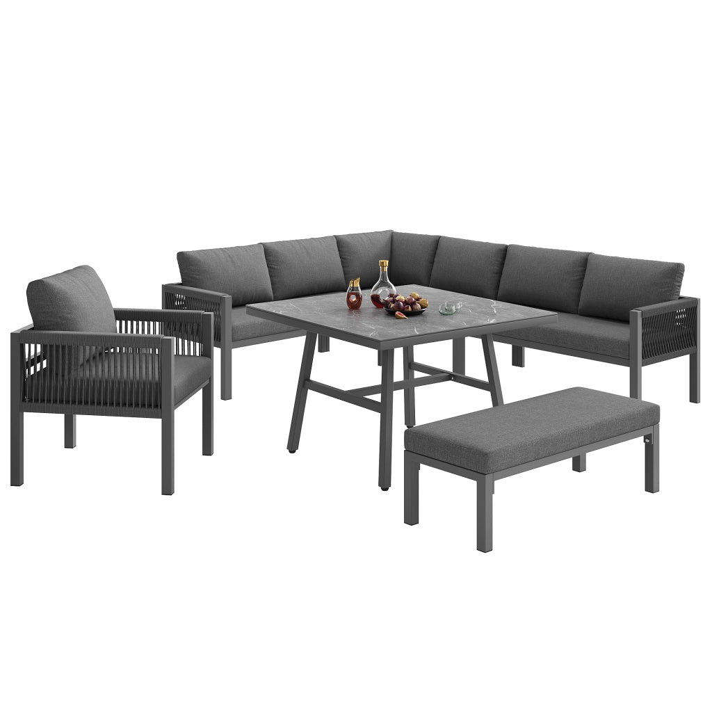 Set salotto da giardino modulare per 8 persone; grigio; in ferro e vetro effetto marmo