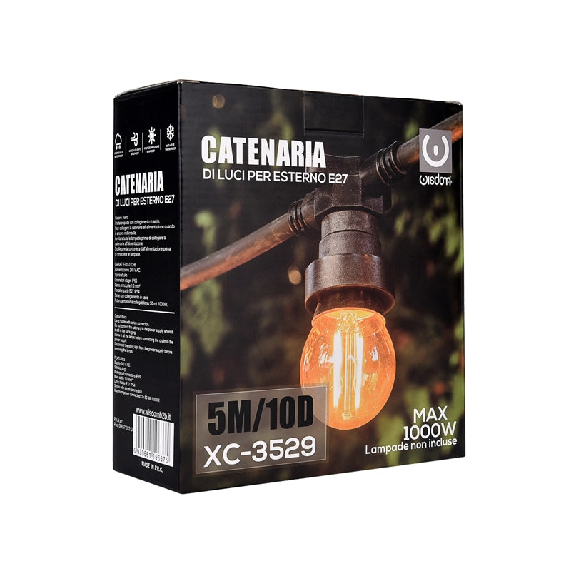 CATENA LUMINOSA LED 5M E 10 PORTALAMPADA E27 PROLUNGABILE IP54 PER ESTERNI - IDEALE PER FESTE EVENTI E DECORAZIONI NATALIZIE