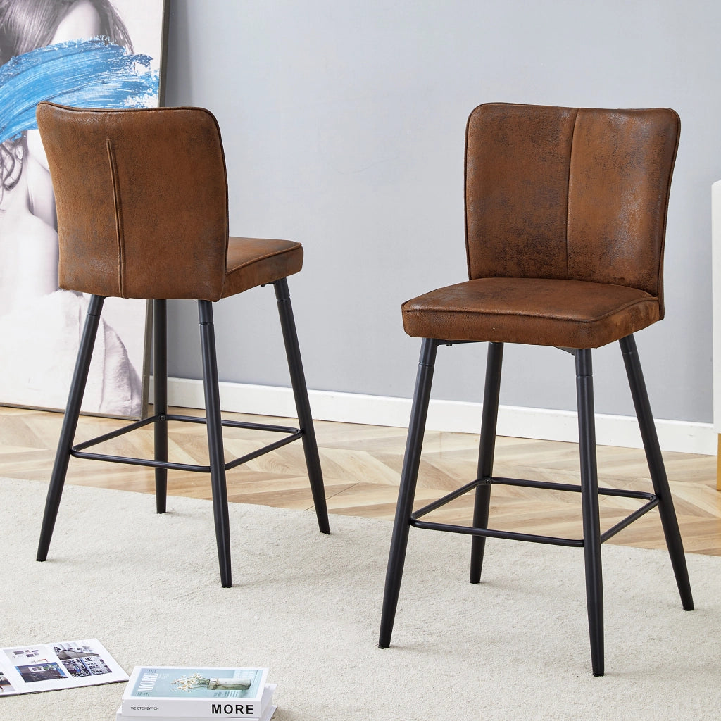 Sgabelli da bar, 2 pezzi in tessuto marrone con schienale ergonomico, poggiapiedi e struttura in metallo nero, 54 × 49,5 × 53 cm