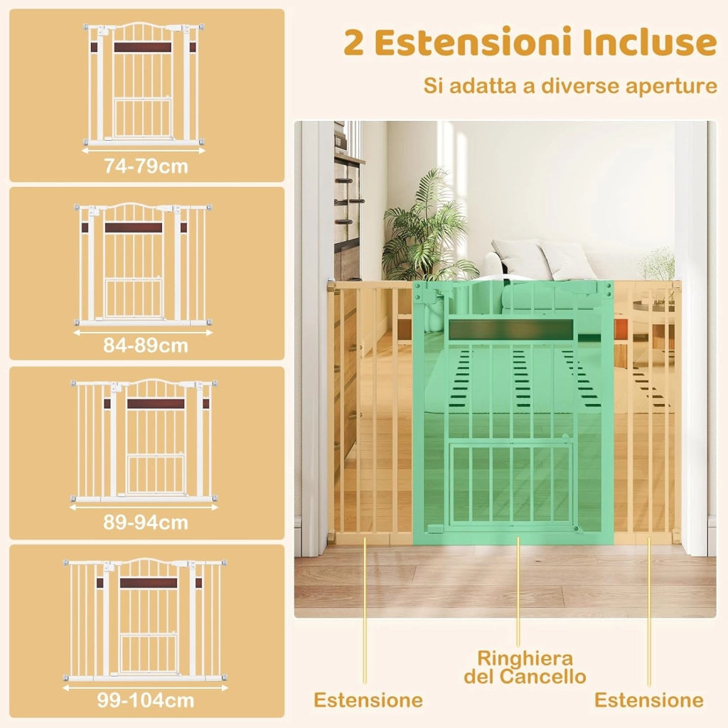 Cancelletto per Cani per Aperture 74-104 cm, Cancello per Cani con Porta Piccola, 2 Estensioni e Doppio Blocco, Cancelletto in Metallo da Interno per Cucina, Scale e Soggiorno (Bianco)