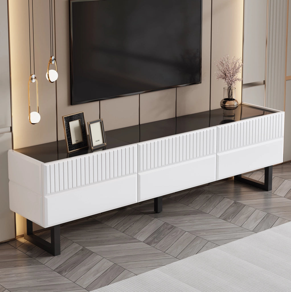 Mobile TV ULEVR 170x35x47 cm con 3 cassetti e gambe in ferro, nero e bianco