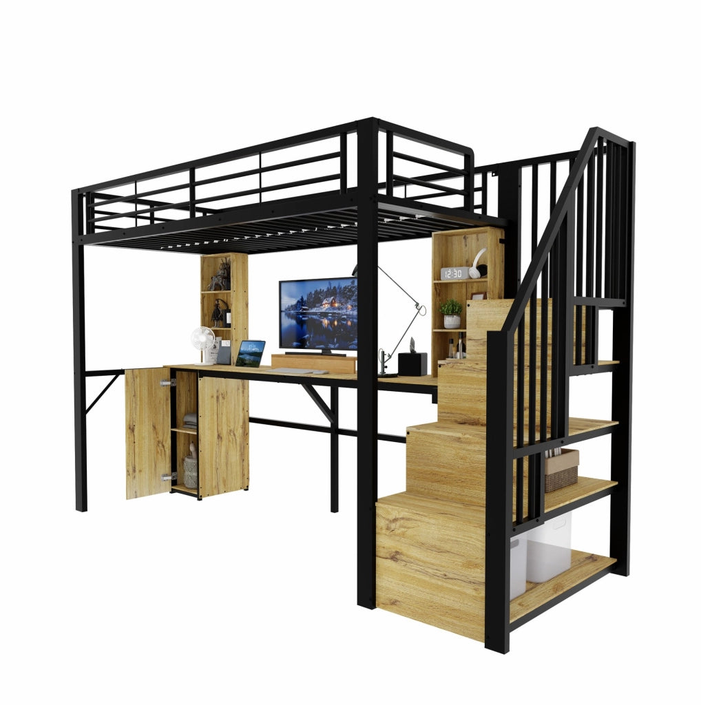 Letto a soppalco in metallo e MDF 90 x 200 cm con scrivania; armadio e USB; nero