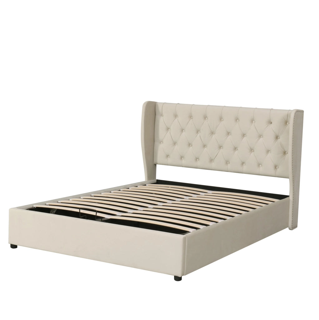 Letto imbottito Chesterfield 140x200 in velluto con contenitore; beige