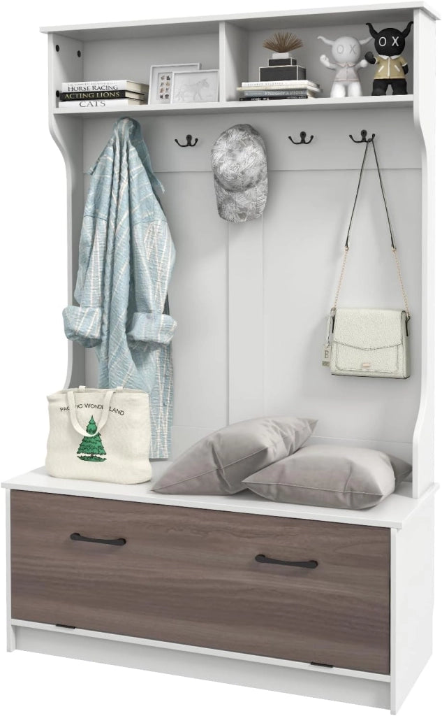 Appendiabiti con Panca da Scarpe, Armadio con Panca Portaoggetti e 5 Ganci e Scomparti, Mobile d'Ingresso Moderno per Corridoio, Camera da Letto, 100x40x160 cm (Nero)