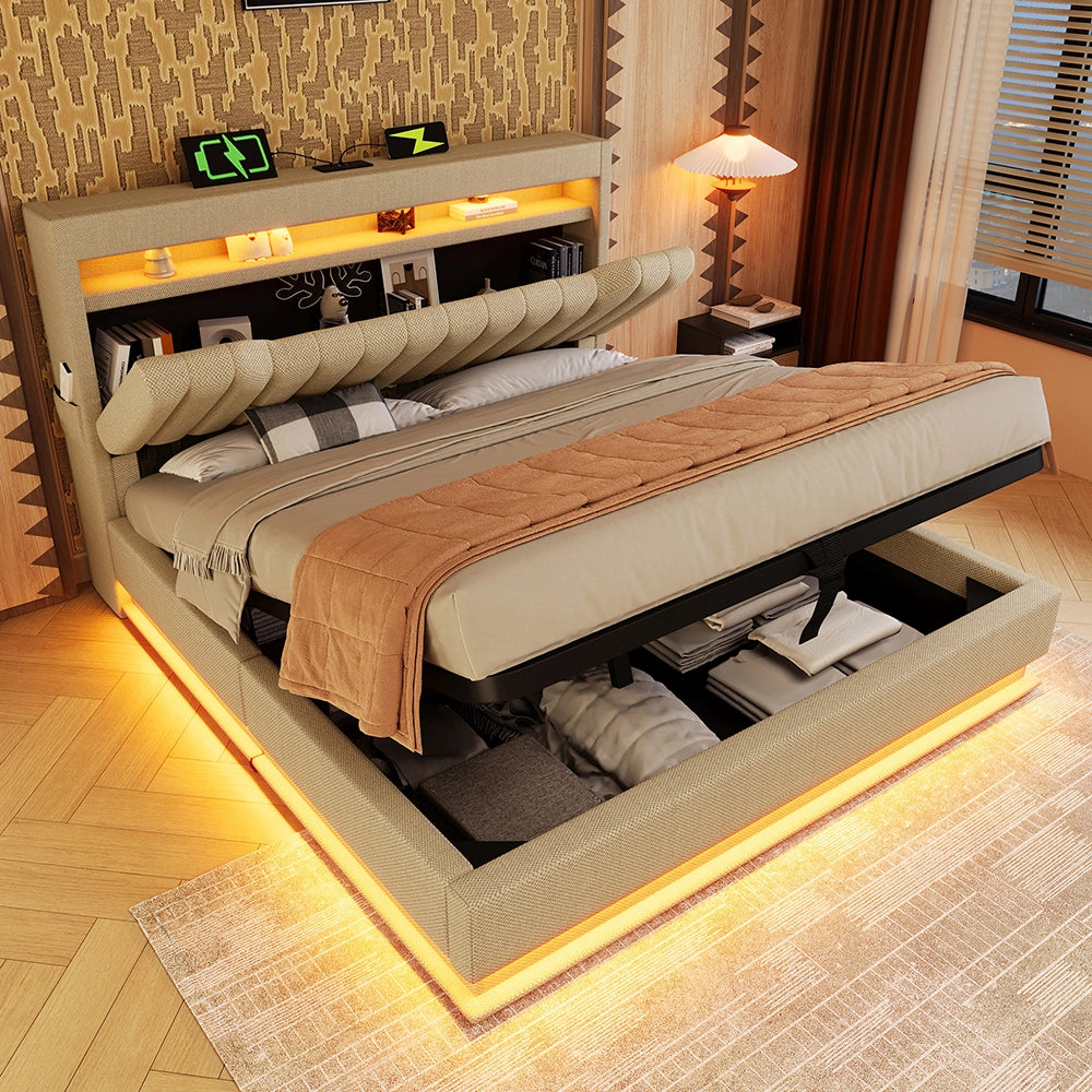 Letto matrimoniale-Xylo-140x200 cm-LED, USB-C, testiera, idraulico, con materasso, beige