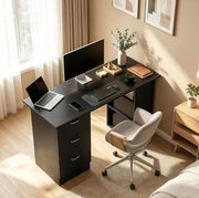Scrivania per computer in MDF nero con 3 ripiani e 3 cassetti, 120x49x72 cm