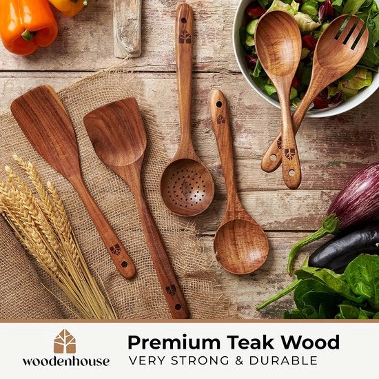 Lepels in legno di teak - utensili in legno di uso comune - set di cucchiai termoresistenti - impugnatura confortevole - attrezzo da cucina antiaderente - 6 pezzi