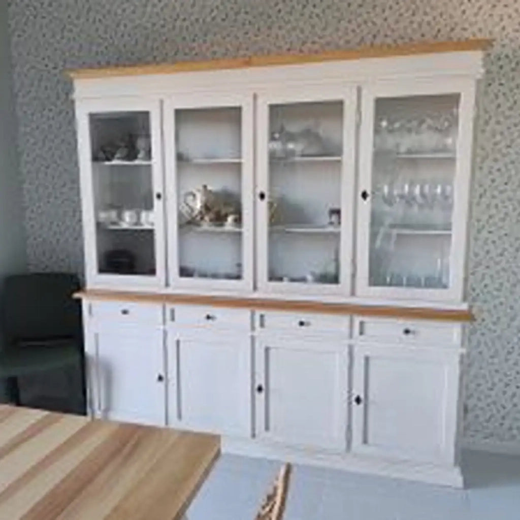 Credenza cristalliera in legno 4 porte mod Martini Shabby chic bianco anticato e naturale