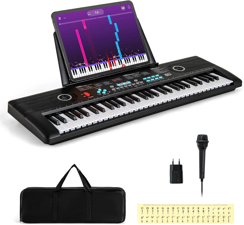 Pianoforte Digitale a 61 Tasti, Pianoforte Elettronica con Supporto, Microfono, Pianoforte Portatile con Adesivi per Tasti e Borsa da Trasporto, per Bambini e Adulti (Nero)