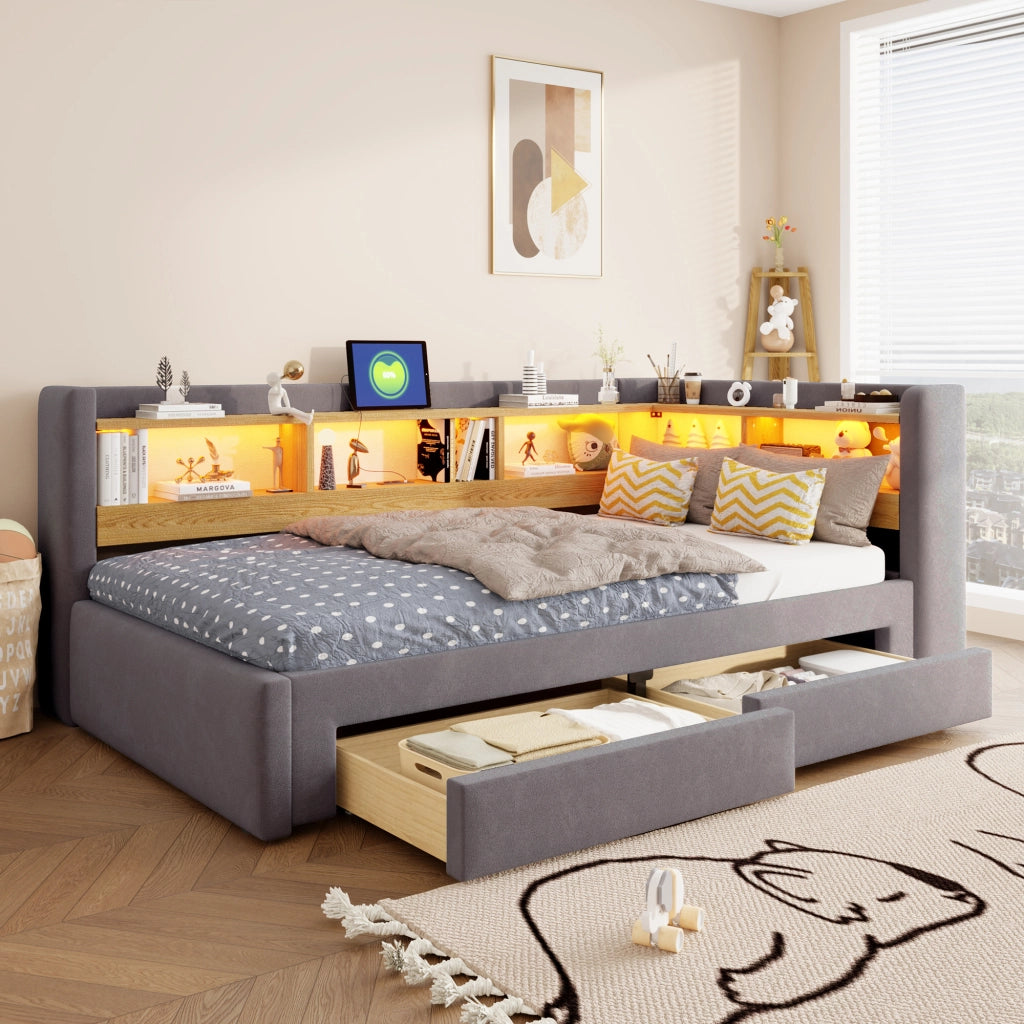 Divano letto estraibile 3 in 1 90x200 cm con cassetti; LED e presa; grigio