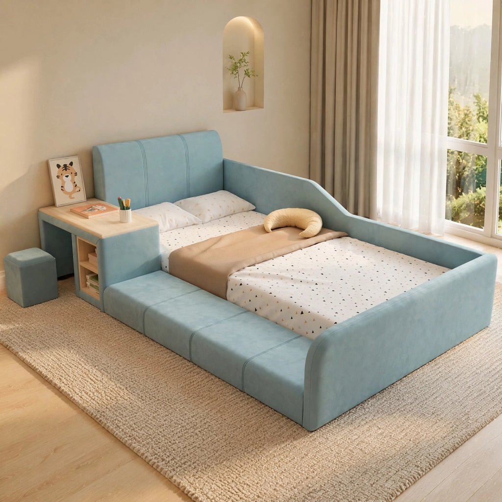 LETTO Singolo imbottito 90x200 cm con scrivania e sgabello in velluto blu