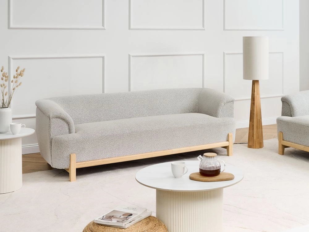 Divano a 3 posti imbottitura in poliestere grigio chiaro gambe in legno soggiorno stile moderno