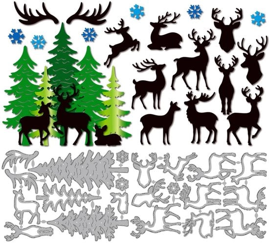 Set di forme per cartone - Cervo/albero di pino/foglie di neve - Acciaio di carbonio - 2 pezzi - 110x147mm/104x158mm - Attività di riciclo creativo - Taglierina